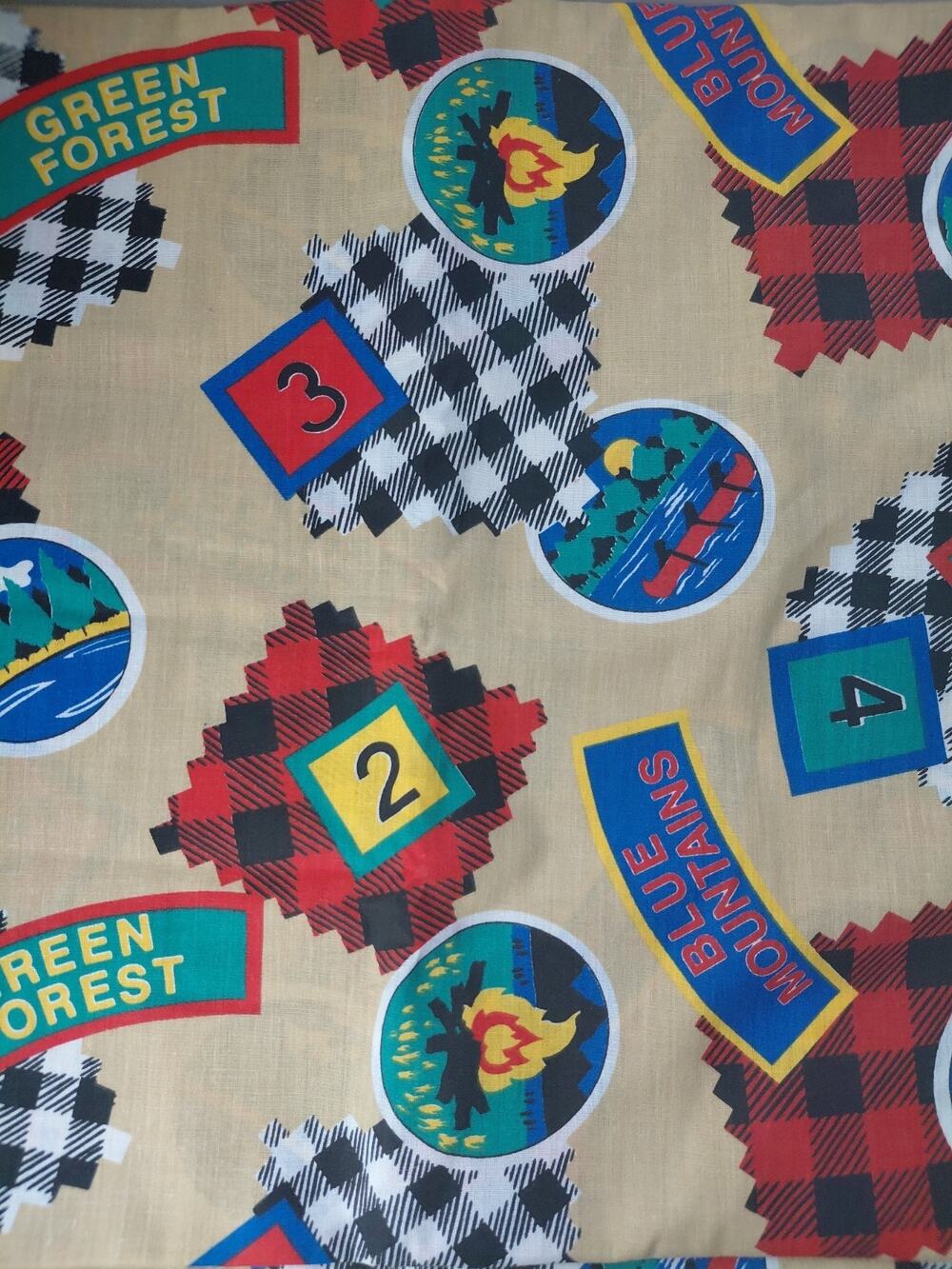 Boy Scouts Camping Fabric Vintage 4 Yards by 45" Beige with Patches Retro Crafts